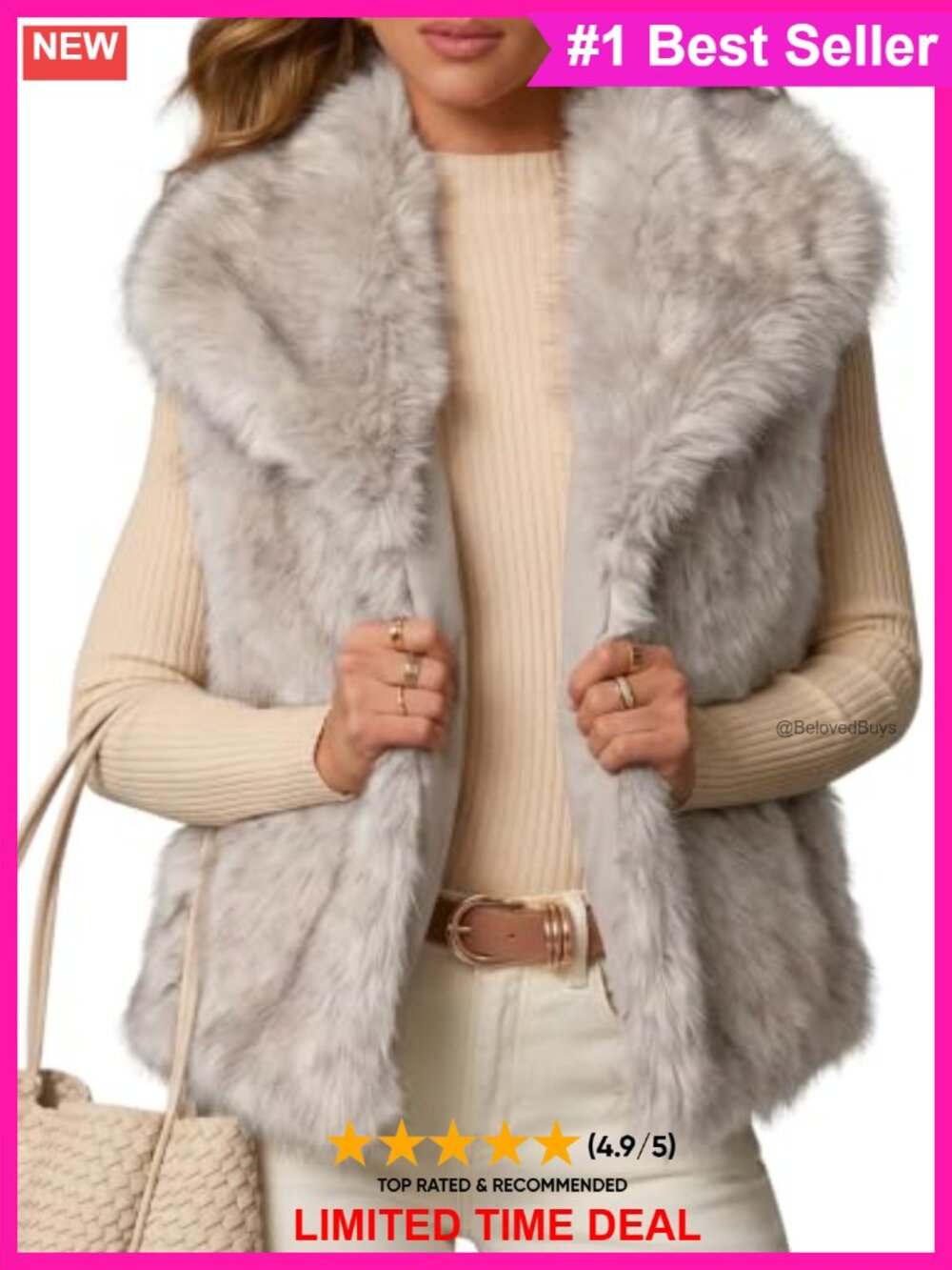 Faux Fur Vest Sleeveless Snap Front Fuzzy Lined Fall Winter Layering